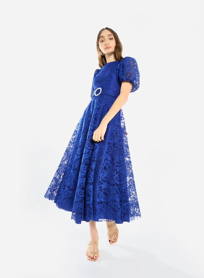 House of Moda Women Floral Lace Puff Sleeve Midi Dress